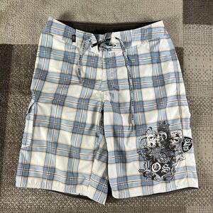 Y2K Lost Enterprises Cyber Skull Board Shorts Mens Size 31‎ Blue Checked